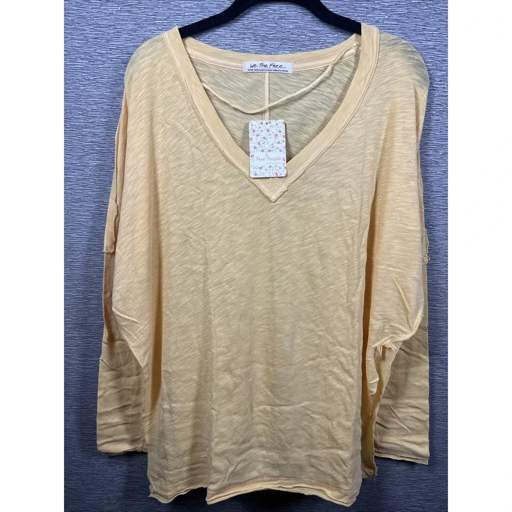 NEW Free People Women's On My Mind V-Neck Long Sleeve Shirt Camel/Yellow Size XS